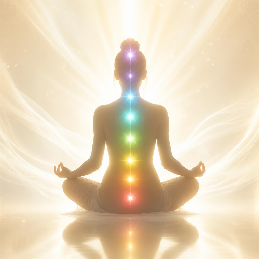 Silueta meditando en posición flor de loto con luz chakra