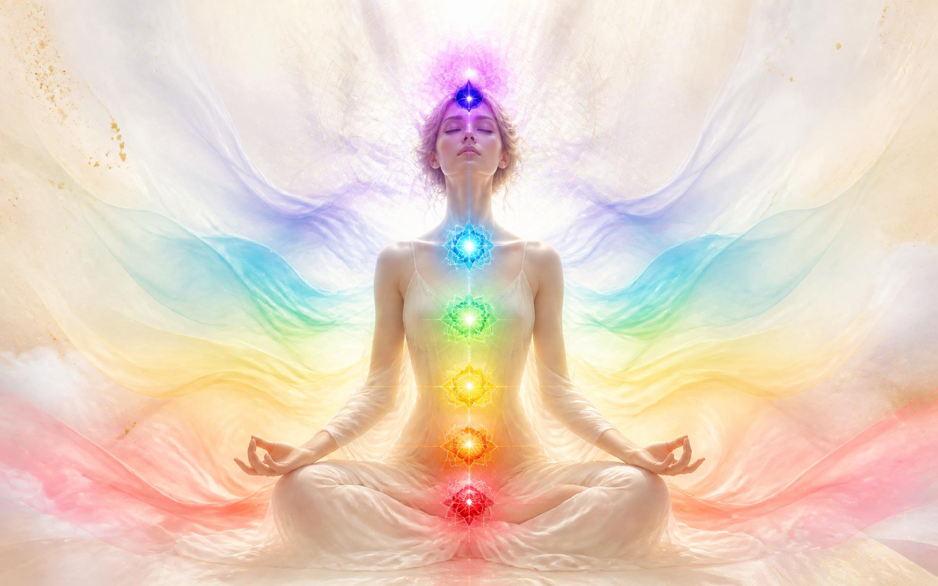 Mujer en meditación con los siete chakras alineados en colores del arcoíris